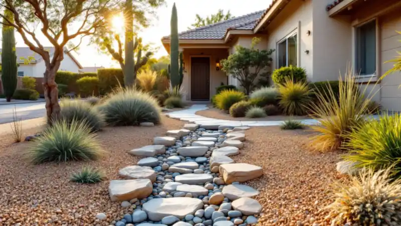 A lawn conversion with crushed granite, a cobble dry creek bed and water-wise plants.