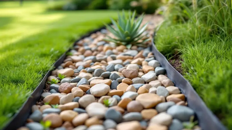 A new river rock bed, about 3 inches deep, held off the lawn by steel edging.
