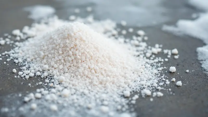 Rock salt spread thin: granules a few inches apart do the melting.