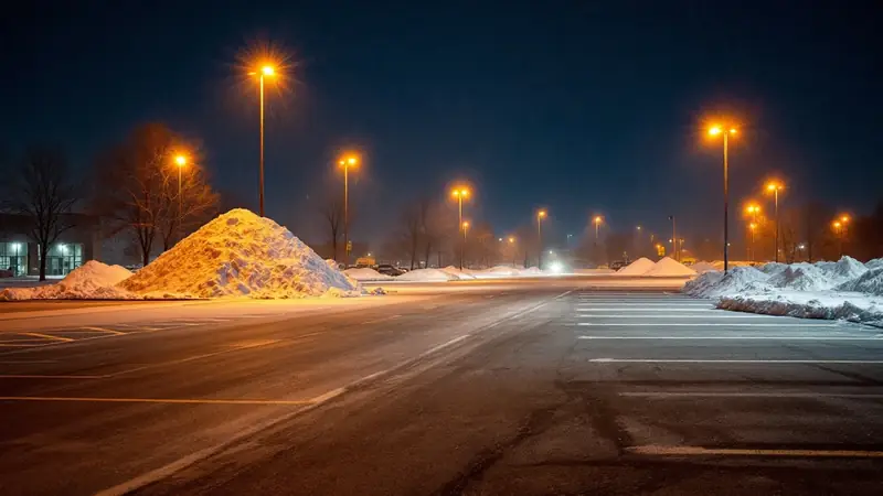 A plowed commercial lot at night, snow stacked where it won't block spaces.