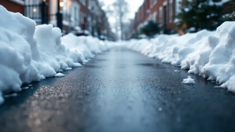 A shoveled city sidewalk with the snow banked on both sides.
