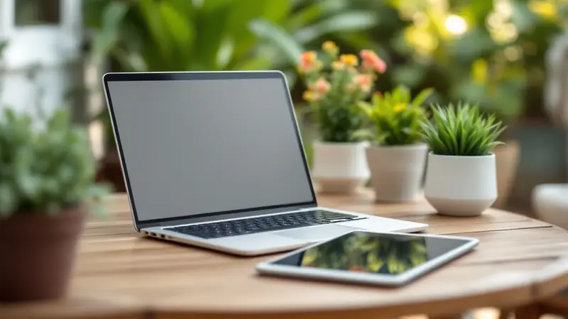 A laptop and tablet on a garden table.