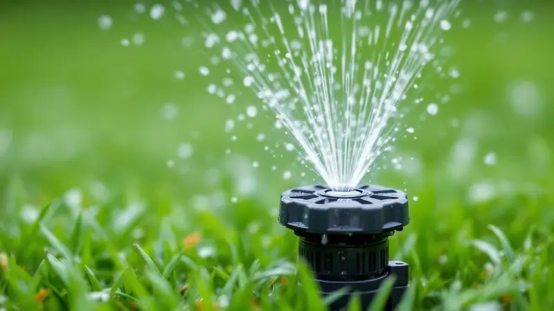 A mower-snapped spray head geysering from its riser, the most common repair.