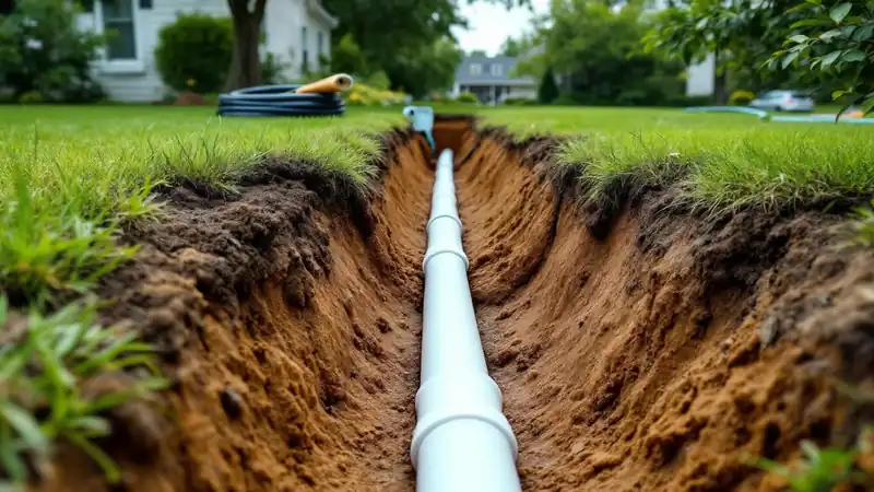 A lateral line laid in a shallow trench, waiting for backfill.