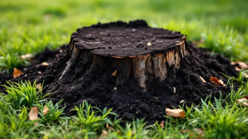 Topsoil mounded over an old stump, the cheap fix that settles as the wood decays.