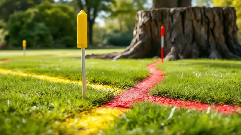 Utility locate flags around a stump, placed after an 811 request.