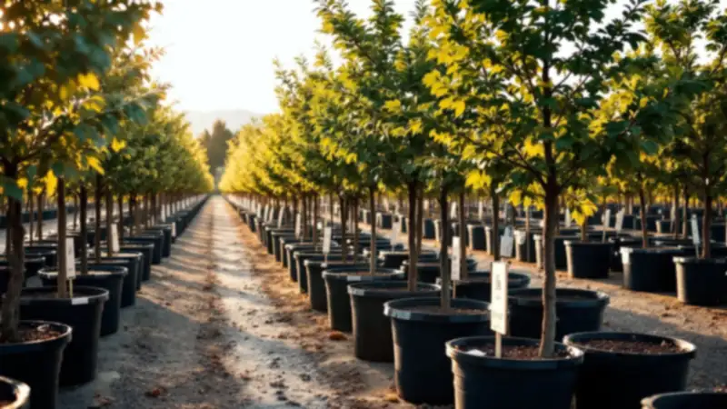 Container trees from #5 to #45 sizes lined up in a nursery yard.