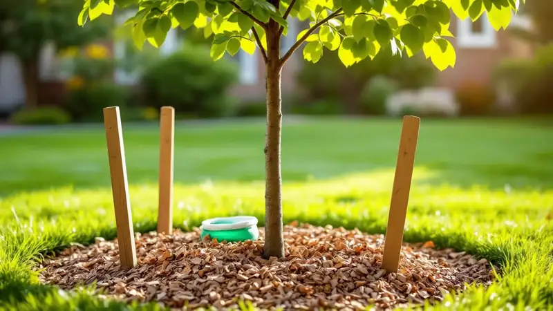A newly planted shade tree with a wide mulch ring and flexible stake ties.