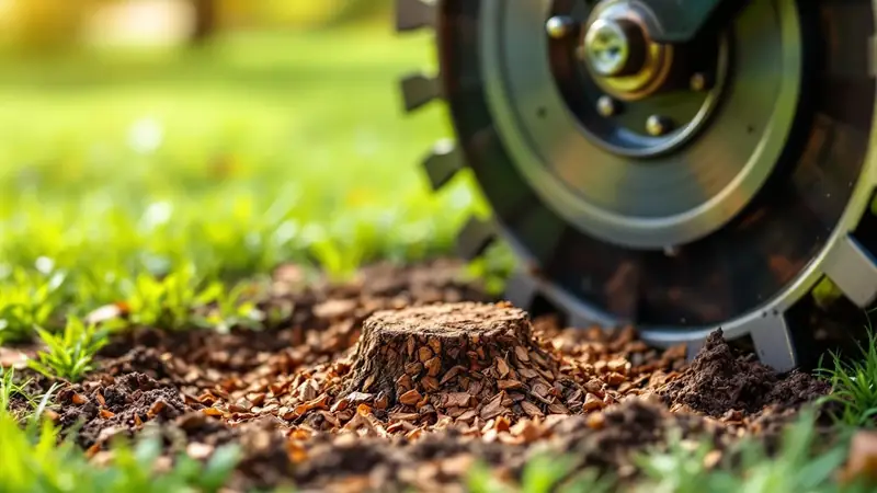 A grinder wheel working a stump down to chips.
