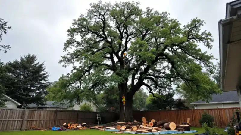 A backyard oak coming down in sections, the rigging still hanging from the fork.