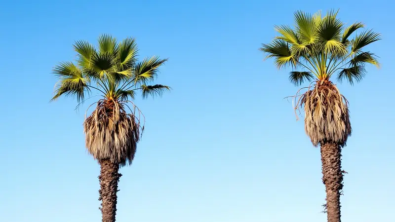Fan palms before and after their dead fronds were removed.