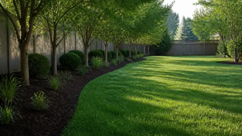 A mown lawn edged by young shade trees.