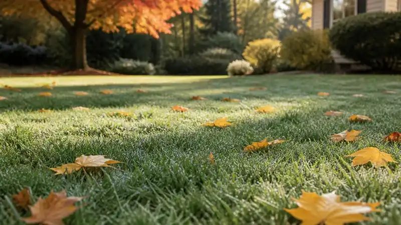A cool-season lawn in early fall, the season most extension services name for aerating bluegrass and fescue.
