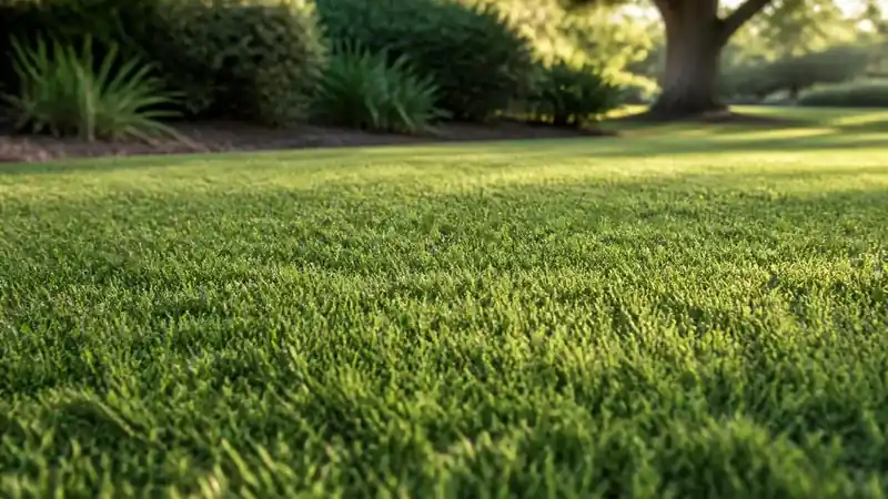 A dense, closely mown warm-season lawn in late summer beside a shaded shrub bed.