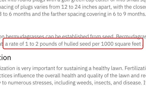 UF/IFAS LH007 seeding section stating 1 to 2 pounds of hulled bermudagrass seed per 1,000 sq ft, highlighted