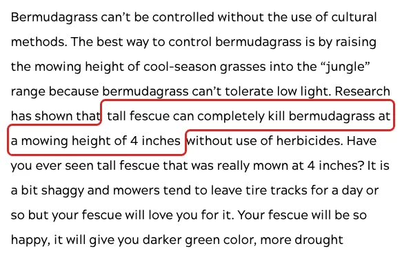 Virginia Tech page stating tall fescue mowed at 4 inches can completely kill bermudagrass, highlighted