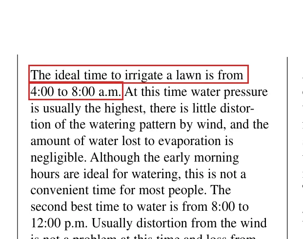 Purdue AY-7 text naming 4:00 to 8:00 a.m. as the ideal time to irrigate a lawn