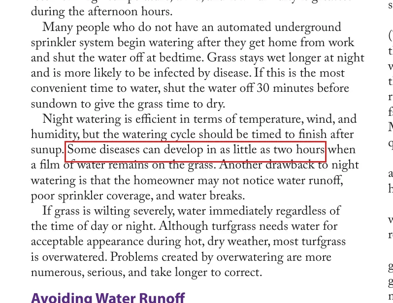 K-State MF2059 text saying some lawn diseases can develop in as little as two hours of leaf wetness