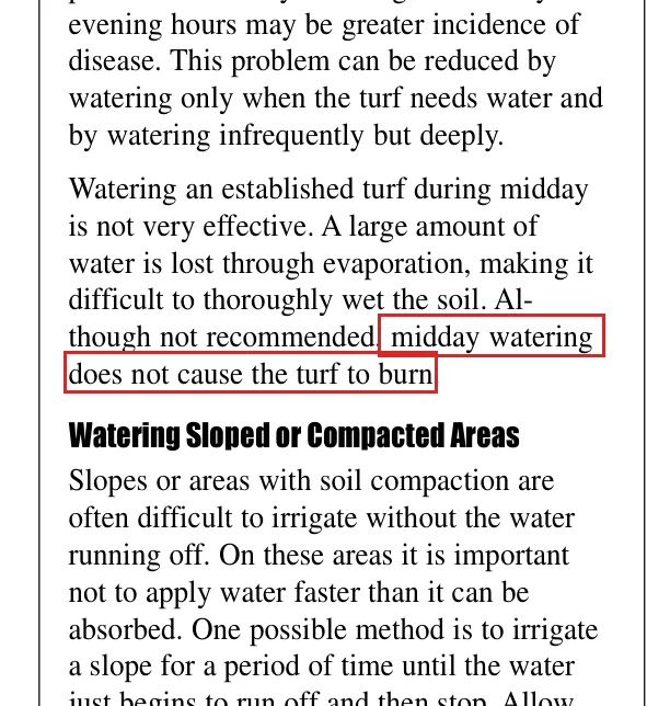 Purdue AY-7 text stating midday watering does not cause the turf to burn