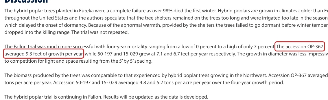 University of Nevada, Reno Extension hybrid poplar trial page with the 9.3 feet per year result highlighted