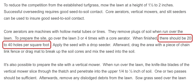 Iowa State Extension overseeding page with the 20 to 40 holes per square foot target highlighted