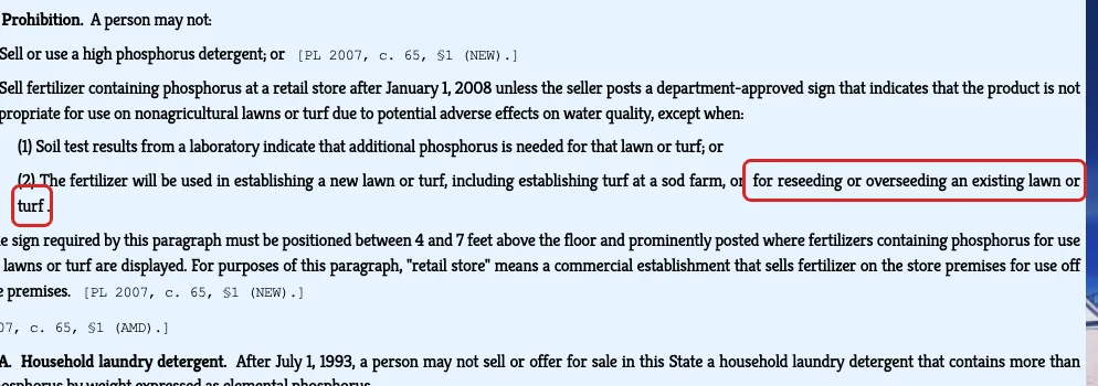 Maine statute 38 M.R.S. section 419 with its overseeding exception for phosphorus fertilizer highlighted