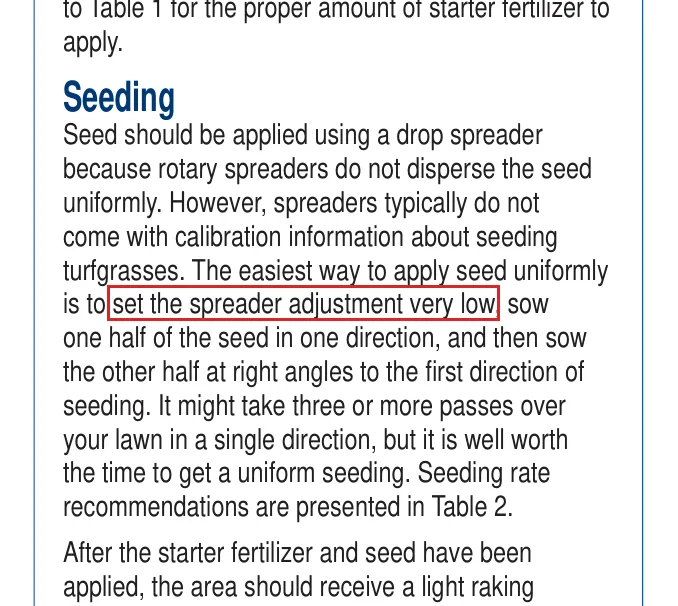 Purdue AY-3 extension PDF with its instruction to set the seed spreader very low highlighted