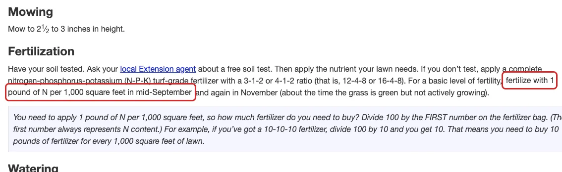 NC State tall fescue calendar text recommending 1 pound of nitrogen per 1,000 square feet in mid-September