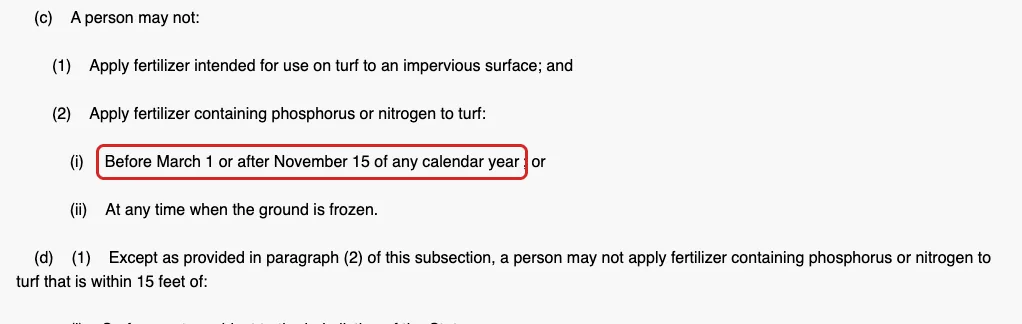 Maryland Agriculture Article section 8-803.5 text barring nitrogen or phosphorus on turf before March 1 or after November 15