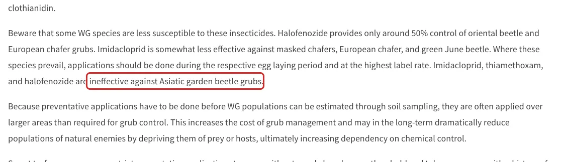 Rutgers FS1009 text: imidacloprid, thiamethoxam and halofenozide are ineffective against Asiatic garden beetle grubs