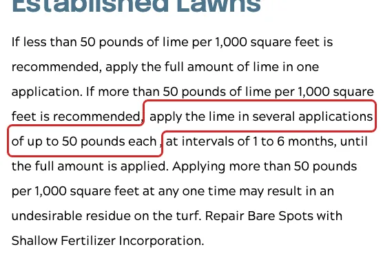 Virginia Tech soil test note with the rule to apply lime in passes of up to 50 pounds highlighted
