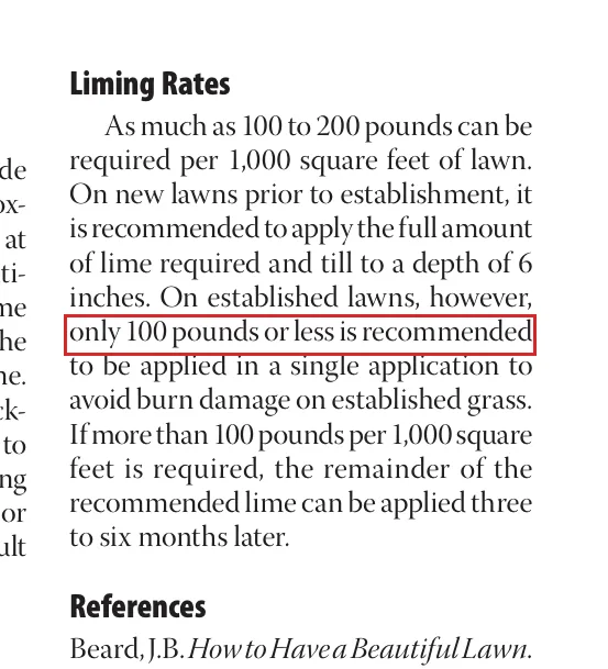 University of Kentucky AGR-214 liming rates paragraph with the 100 pounds per application limit highlighted