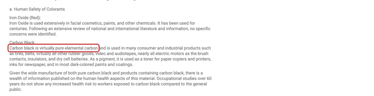 Mulch and Soil Council FAQ on colorant safety with the carbon black definition highlighted below the iron oxide finding