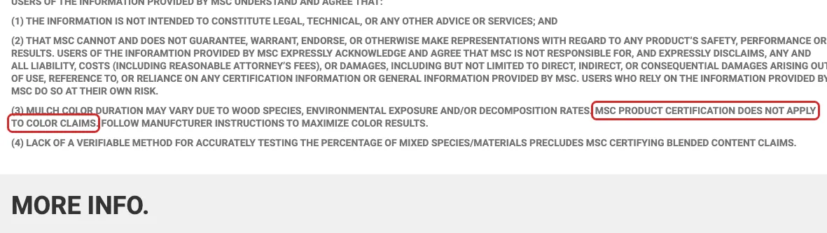 Mulch and Soil Council certification page with the line saying certification does not apply to color claims highlighted