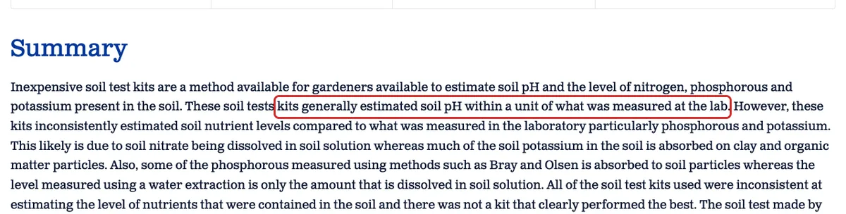 SDSU Extension text saying cheap soil test kits estimated pH within a unit of lab results
