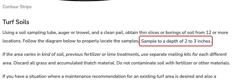 Penn State lab sampling instructions for turf soils: 12 or more locations, 2 to 3 inches deep
