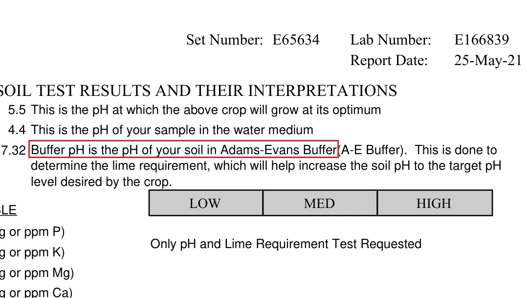 UF/IFAS sample soil report showing target pH 5.5, water pH 4.4 and Adams-Evans buffer value 7.32