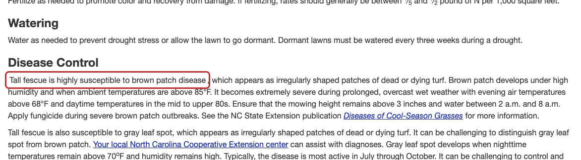 NC State AG-367 text on tall fescue brown patch above 85°F and nights above 68°F, highlighted