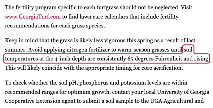 UGA Field Report text tying warm-season aeration timing to 65°F soil at the 4-inch depth