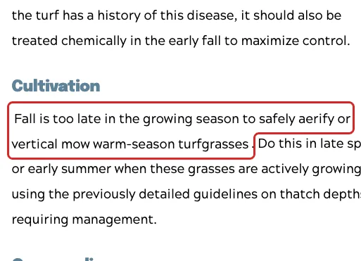 Virginia Tech Fall Lawn Care text saying fall is too late to aerify warm-season turfgrasses