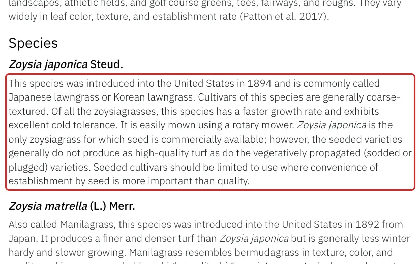 UF/IFAS LH011 text stating Zoysia japonica is the only zoysiagrass sold as seed, highlighted